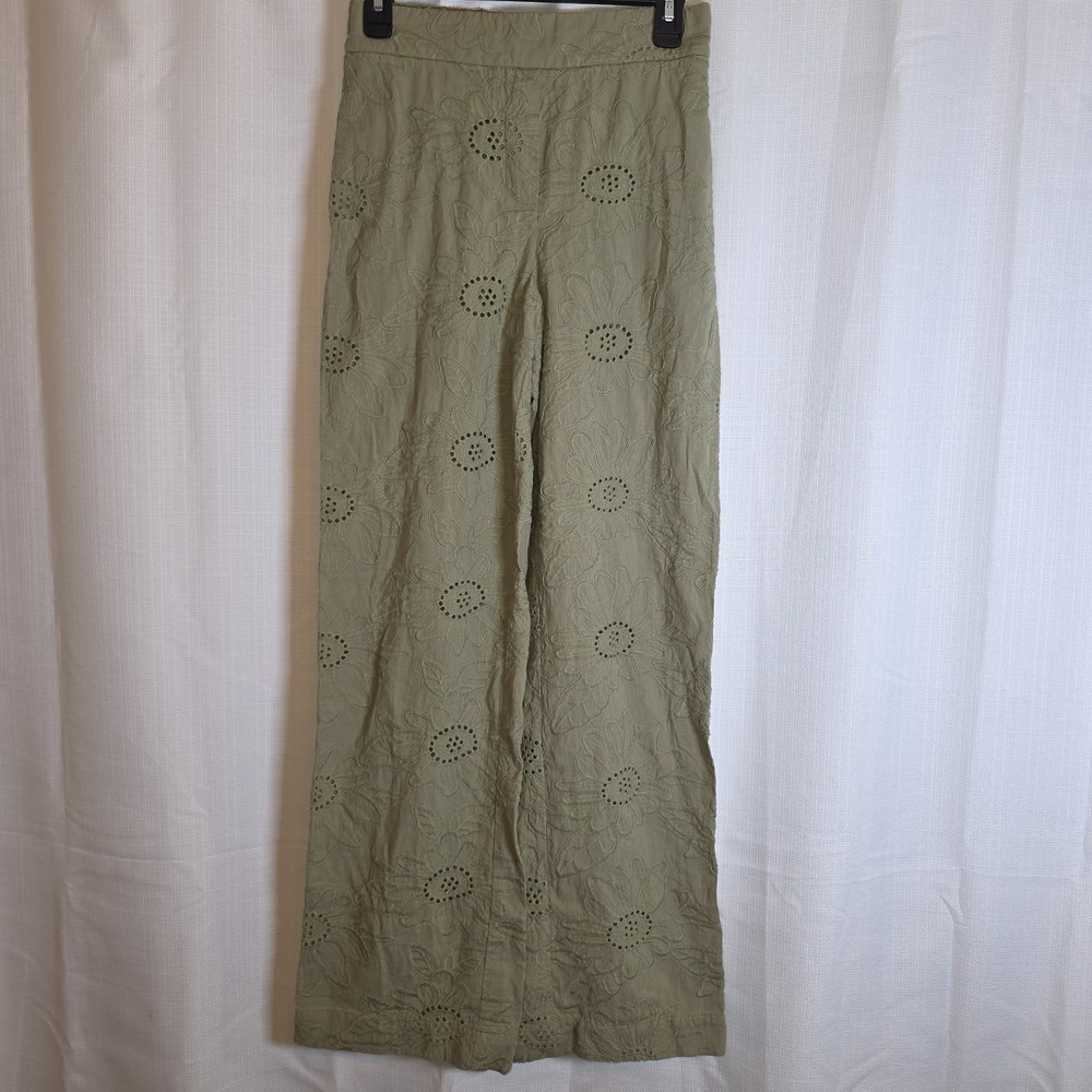 Zara Eyelet Lace Pants Women XS Wide Leg Green Cotton Sunflower Casual Beach